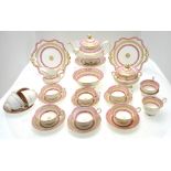 An early Victorian Ridgway tea and coffee service decorated with pink bands and gilding , patt.