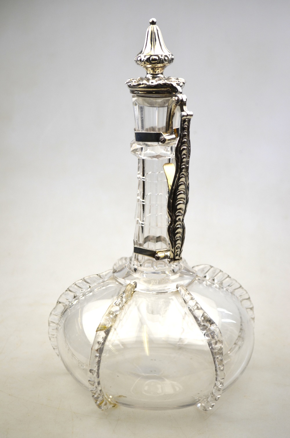 A Victorian blown glass claret jug of onion form with hexagonal cut neck and applied pinched - Image 2 of 5