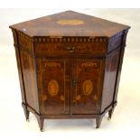 A 19th century satinwood inlaid mixed fruitwood burr yew, walnut and rosewood corner cupboard,