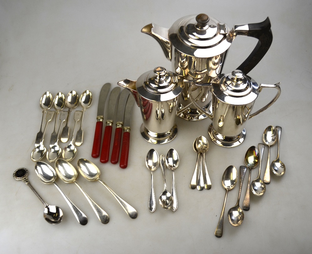 An epns Art Deco three-piece coffee service, to/w a set of six silver OEP coffee spoons, - Image 4 of 6