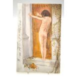 A rectangular porcelain plaque painted with an unglazed study of a naked child on a doorstep with