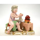 A Meissen porcelain figural group depicting a seated putto making hot chocolate raised on a