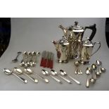 An epns Art Deco three-piece coffee service, to/w a set of six silver OEP coffee spoons,