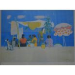 Alberto Morrocco (1917-1998) - Figures beneath a canopy on a beach, limited edition print 8/500,