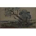 Samuel John Lamorna Birch (1869-1955) - 'A distant church in a landscape', watercolour, 7.5 x 13.