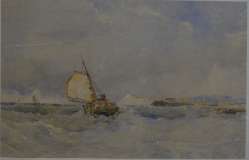 Edwin Hayes (1820-1904) - 'Running before a breeze', Coastal view with fishing boats offshore,