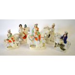 Five Victorian Staffordshire flatbacks of men on horseback including Tom King and Campbell,