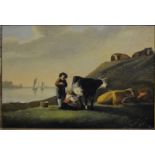 A late 18th/19th century Dutch school - Landscape with cowherd and cattle with distant sea,