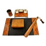 An electroplated inkstand with crocodile hide top, two inkwells and nib-box,