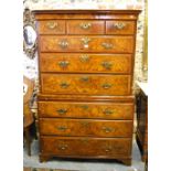 A 19th century burr walnut chest on chest having an arrangement of three short over six long