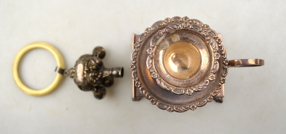 An Edwardian silver baby's rattle with ivorine teether ring and four bells, Crisford & Norris Ltd. - Image 3 of 4