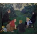 20th century naive school - The family gathering, oil on canvas, 26 x 32 cm,