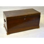 An antique camphor wood trunk with iron handles to sides raised on block feet,