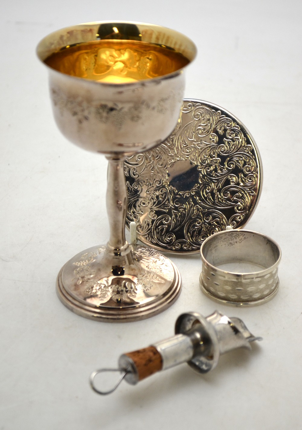 A Harrods cased set of six electroplated goblets with engraved vine decoration, - Image 4 of 6