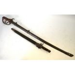 A Victorian artillery officers' sword with etched and fullered slightly curved blade 86 cm,