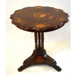 A 19th century Irish Killarney elm and arbutus marquetry pedestal table,