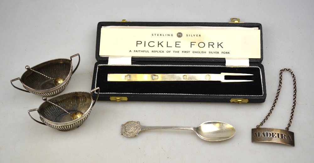 A cased silver pickle fork ('A Faithful Replica of the First English Silver Fork'),