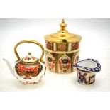 A Royal Crown Derby 'Old Imari' jam pot c/w brass cover to/w a Royal Crown Derby miniature teapot