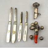 Four various penknives with silver blades and mother-of-pearl handles,