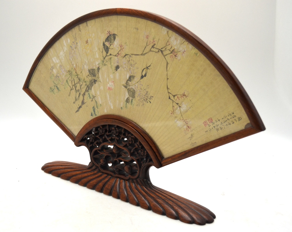 A Chinese gilded paper fan painted with tree branches in blossom, - Image 2 of 5