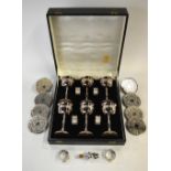 A Harrods cased set of six electroplated goblets with engraved vine decoration,