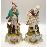 A pair of continental bisque figures, the lady modelled paddling with a dog,