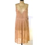 A dusky pink silk and mocha lace 1920s slip dress,