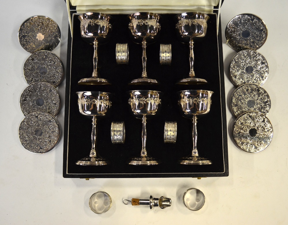 A Harrods cased set of six electroplated goblets with engraved vine decoration, - Image 2 of 6