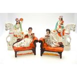 A pair of Victorian Staffordshire flatbacks of figures reclining on chaise longue and holding