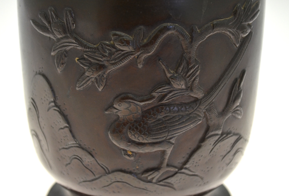 A Chinese bronze vase of cylindrical form cast with birds, rockwork and a tree, 19th century, - Image 5 of 7