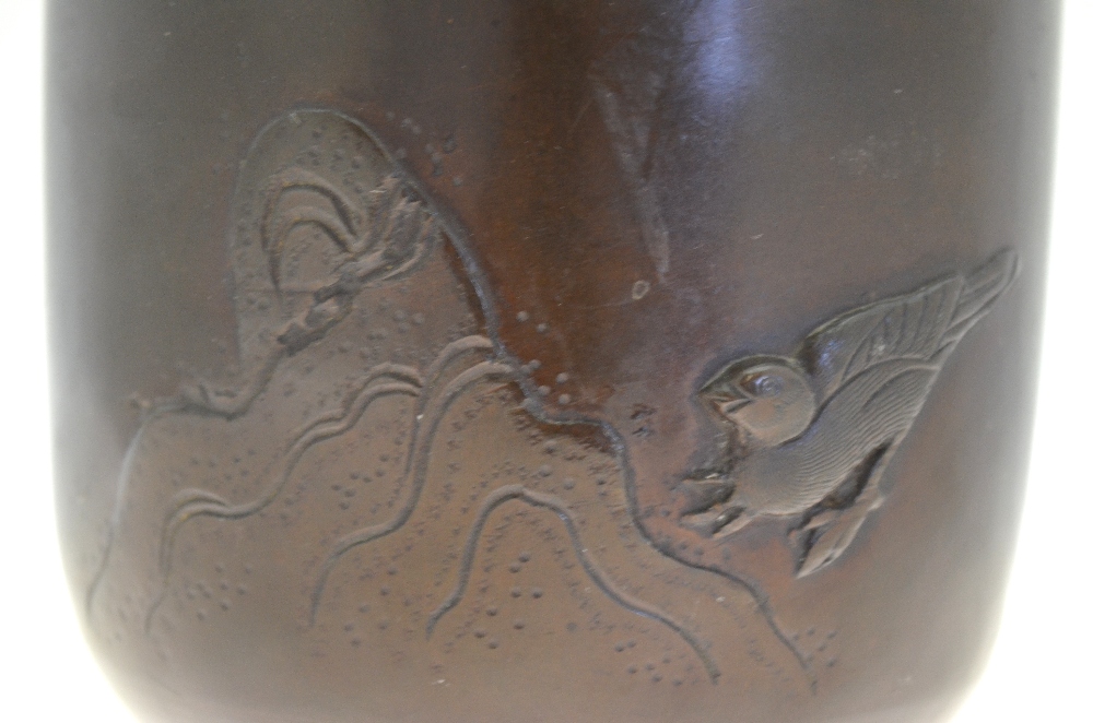 A Chinese bronze vase of cylindrical form cast with birds, rockwork and a tree, 19th century, - Image 6 of 7