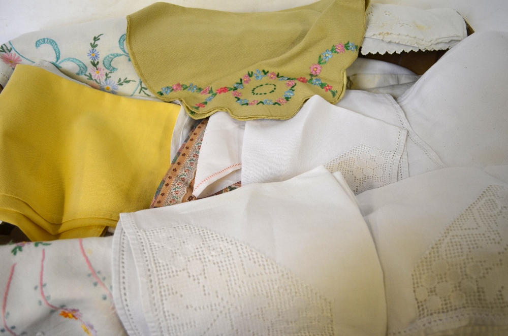 Three boxes of assorted table linen to include linen tablecloths with crocheted edges, - Image 2 of 3