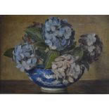Edwin Masters - A still life study with hydrangea flowers in a blue and white bowl, oil on canvas,