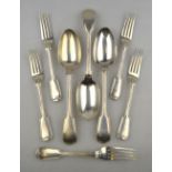 Three Victorian fiddle and thread table spoons and five matching dessert forks, H J Lias & Co,