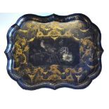 A 19th century black lacquered papier mache tray by B Walton & Co, painted with birds,