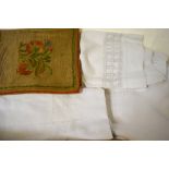 A box of table linen to include damask, drawn-thread and embroidered tablecloths, napkins,