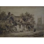 S Prout - Figure before a tumbledown cottage, en grisaille watercolour, signed lower right,