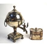 A 19th century electroplated small samovar of spherical form on stemmed square foot (with later