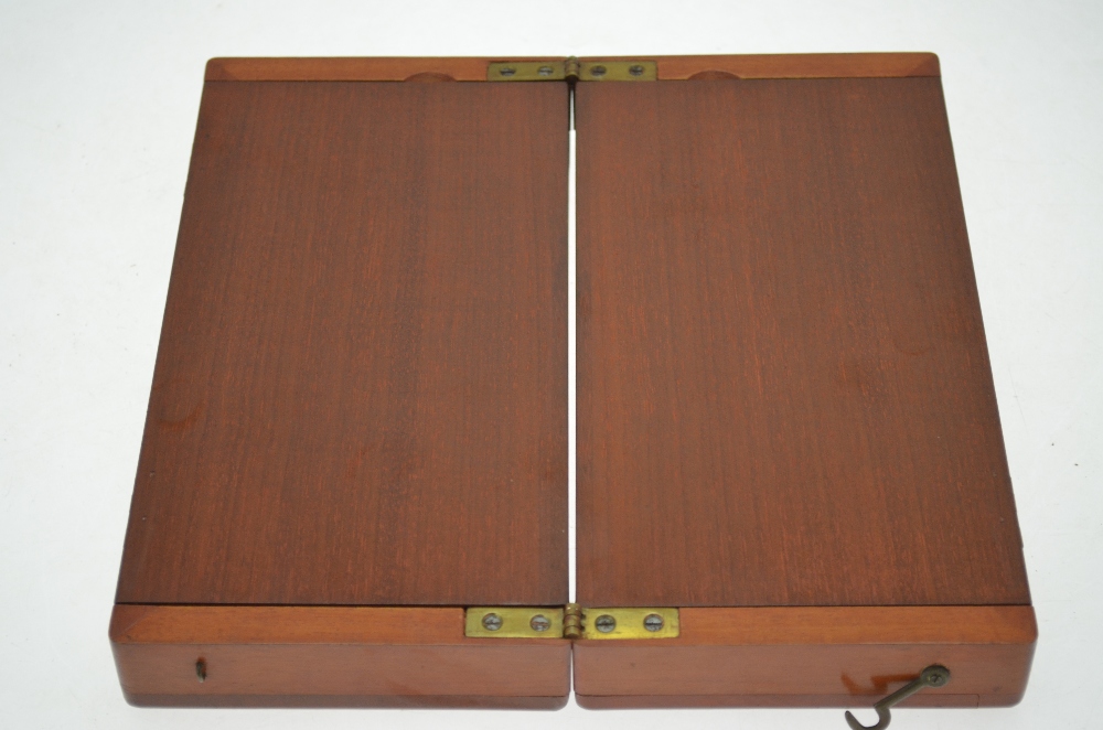 An early 20th century mahogany cased folding travel chess set with rosewood and boxwood board and - Image 3 of 6