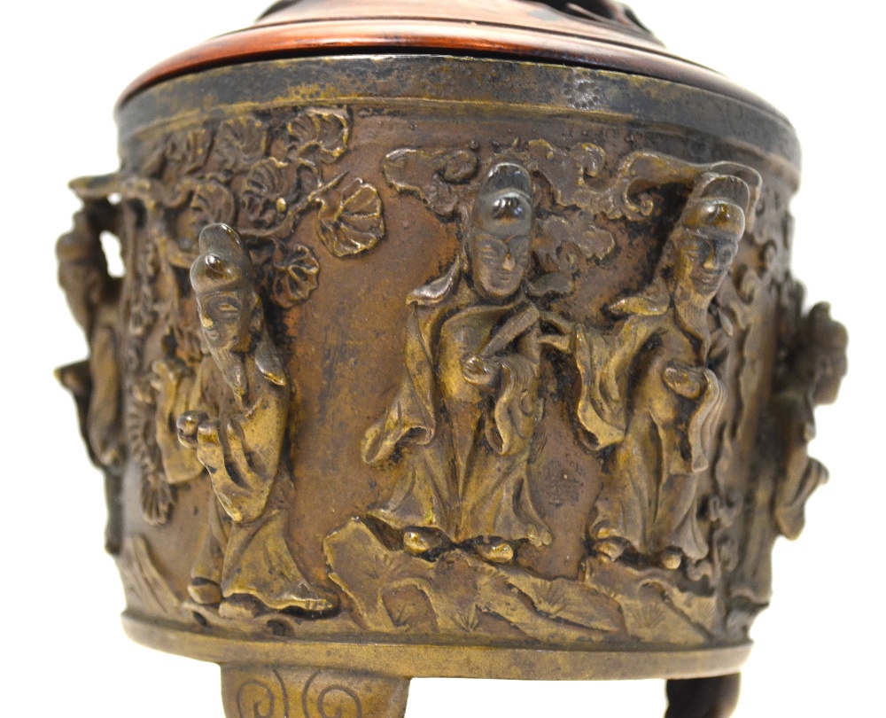 A Chinese bronze cylindrical censer cast with eight Daoist immortals and Shou Lau standing on - Image 3 of 7