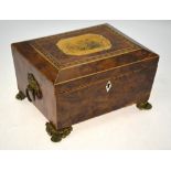 A Victorian box and satinwood inlaid burr-yew table casket raised on pressed brass feet a/f