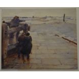 Harold Knight (1874-1961) - Figures on a quay, watercolour, signed lower left,