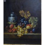 Continental school - A still life study with fruit and blue and white vase, oil on canvas,
