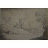 J B Neale - Rotunda on hillside, en grisaille watercolour, signed to reverse,