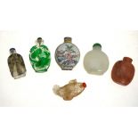 Six Chinese snuff bottles comprising a Canton enamel bottle decorated with a watery landscape, 7.