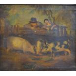 Manner of Morland - Pigs in a pen, with figures leaning on fence, oil on canvas,