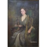 Ruth Garnett - Portrait of a lady, seated in a green chair, oil on canvas,