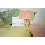 Three boxes of assorted table linen to include damask and embroidered and later tablecloths,