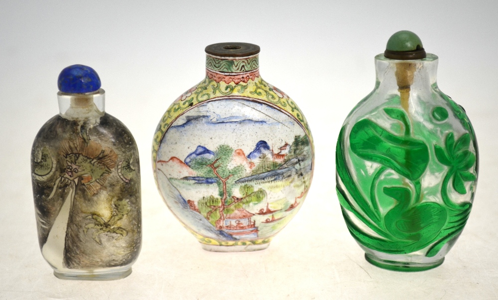 Six Chinese snuff bottles comprising a Canton enamel bottle decorated with a watery landscape, 7. - Image 4 of 5