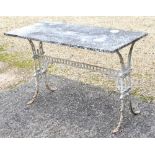 An antique Coalbrookdale cast iron table with rectangular marble top 122 x 56 x 74 cm overall